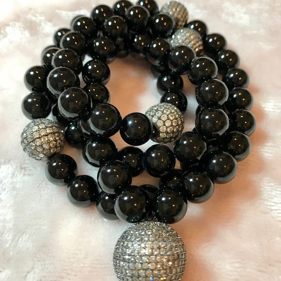 Black Onyx Bead Necklace Pave CZ Bead Accents - Picture 4 of 4